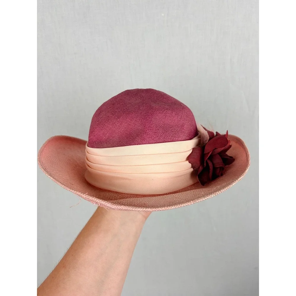 Vintage Mr Charles Pink Straw Sun Hat Feather Flower Wide Brim Church Wedding